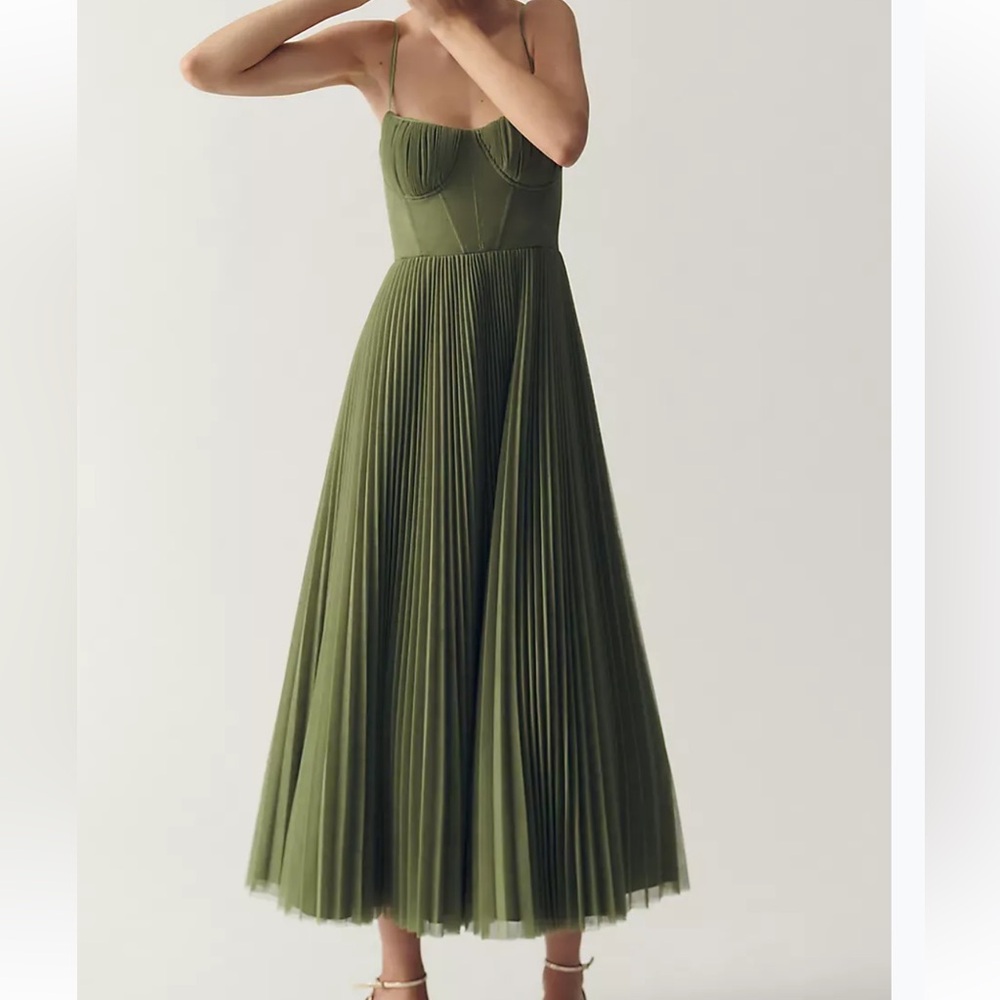 Green Pleated Midi Dress